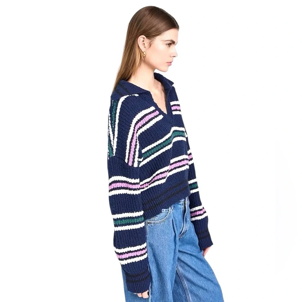 Free People NWT Kennedy Pullover Stripe Knit Sweater Size Medium Cropped Relaxed